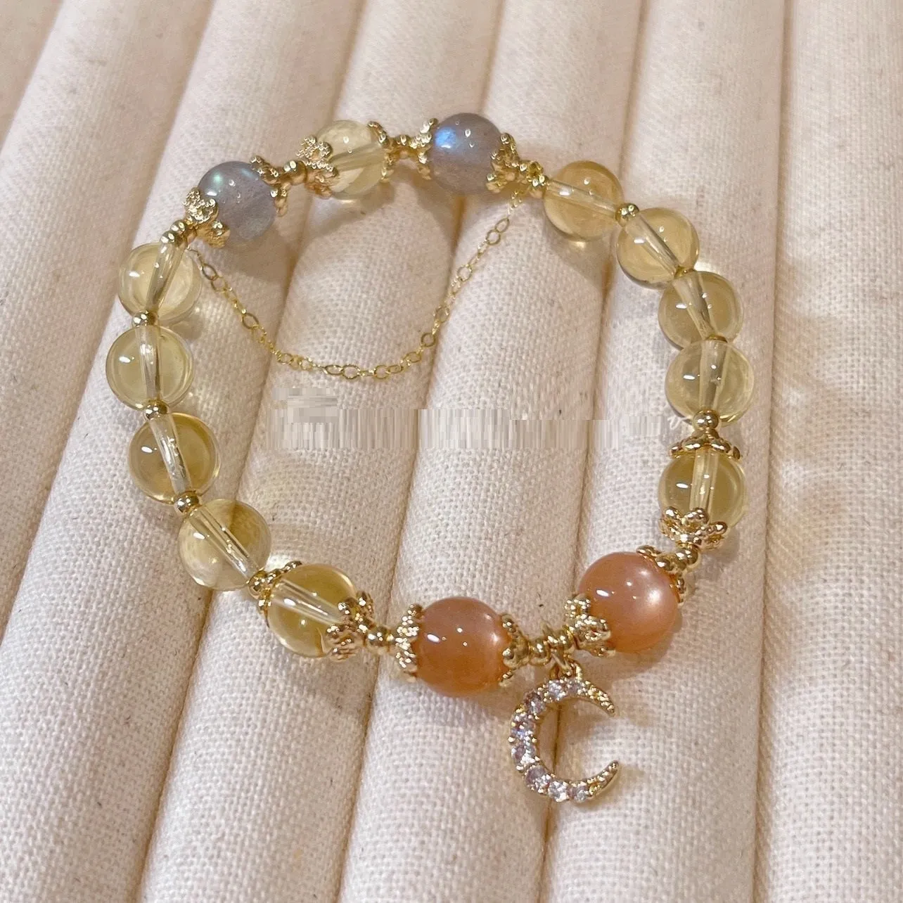 Chinese style women's crystal bracelet with electroplated 14K gold gilding and citrine moonstone centrepiece