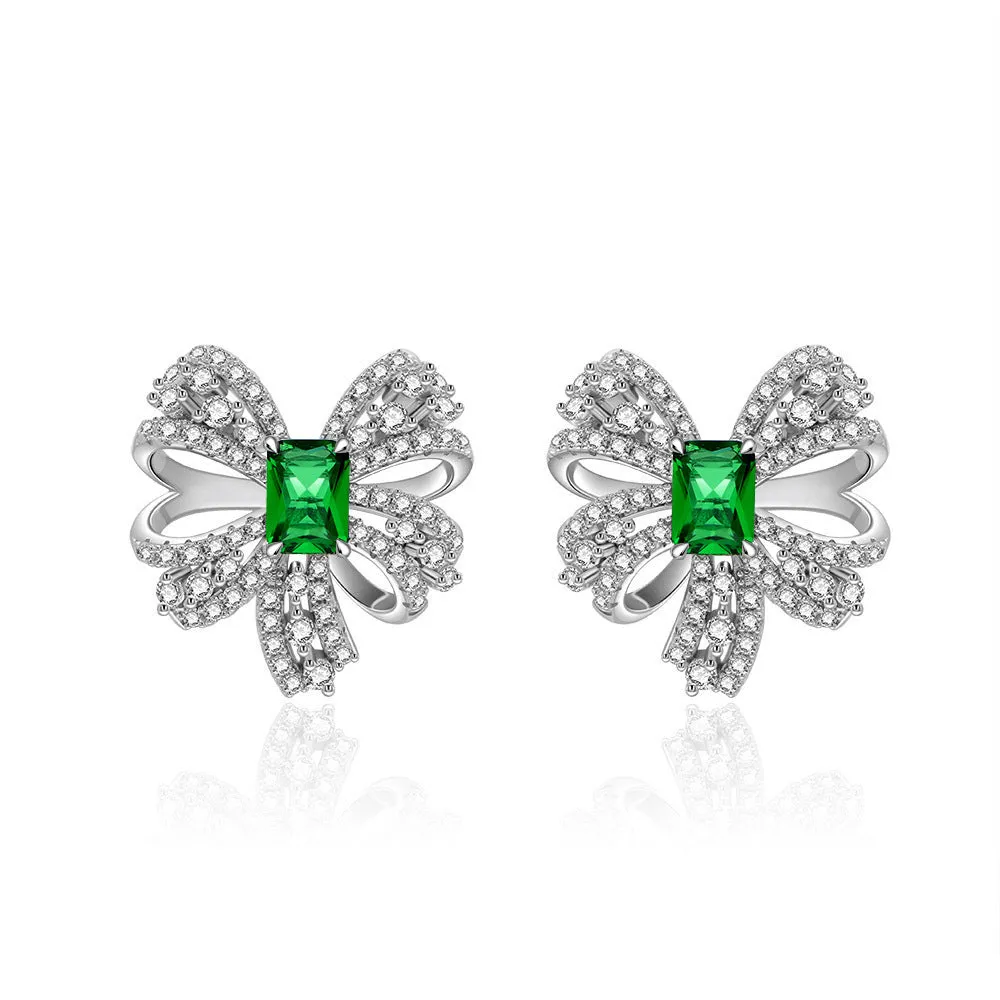 Sterling silver bow stud earrings with emerald-coloured high-carbon diamond mosaic for women, 925 silver