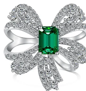 Sterling silver bow stud earrings with emerald-coloured high-carbon diamond mosaic for women, 925 silver