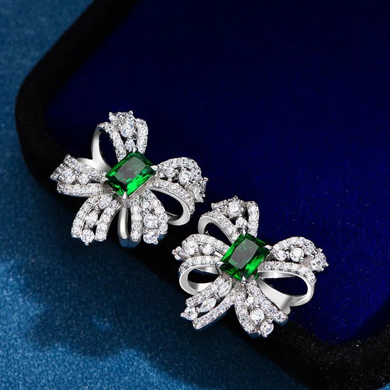 Sterling silver bow stud earrings with emerald-coloured high-carbon diamond mosaic for women, 925 silver