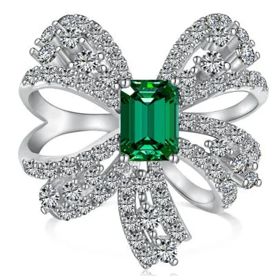 Sterling silver bow stud earrings with emerald-coloured high-carbon diamond mosaic for women, 925 silver