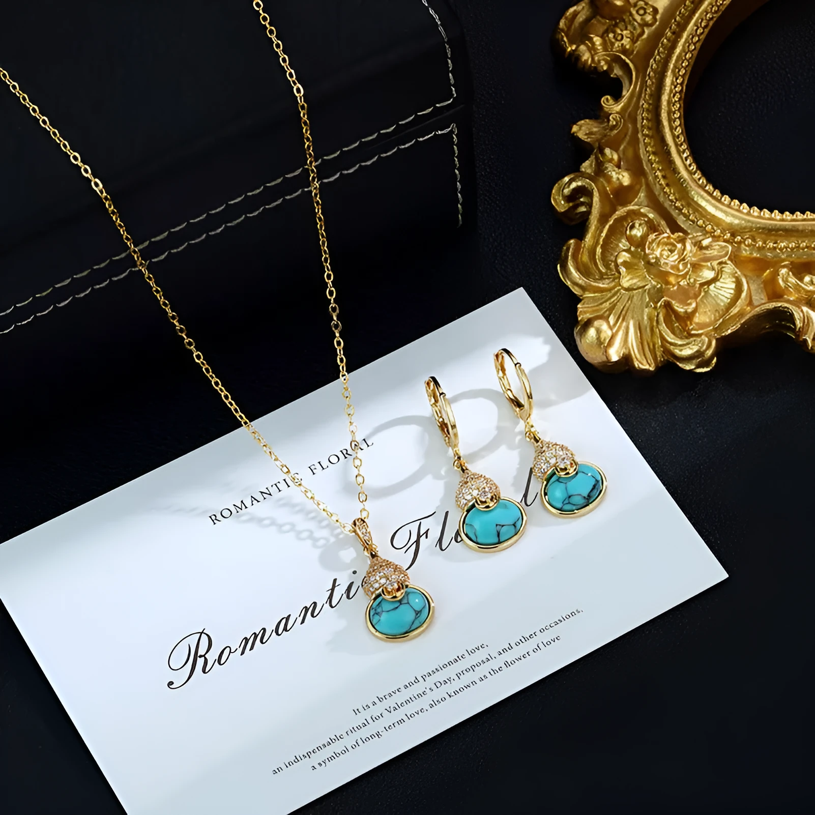 Turquoise gourd flower shape earrings and necklace set on display showing 18K gold plated brass finish