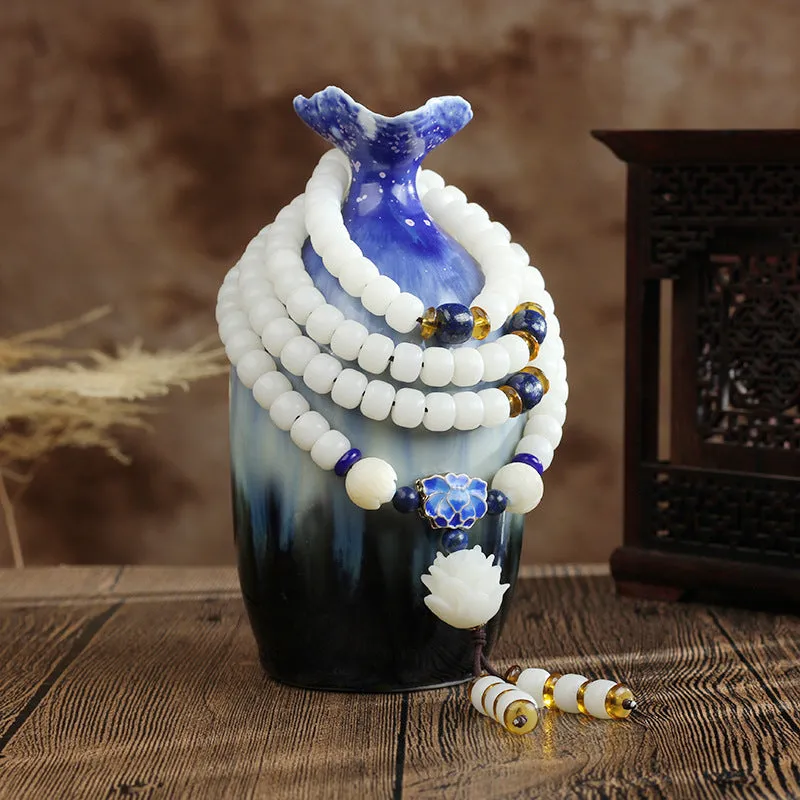 White jade bodhi bead bracelet with 6x8mm beads in traditional styles