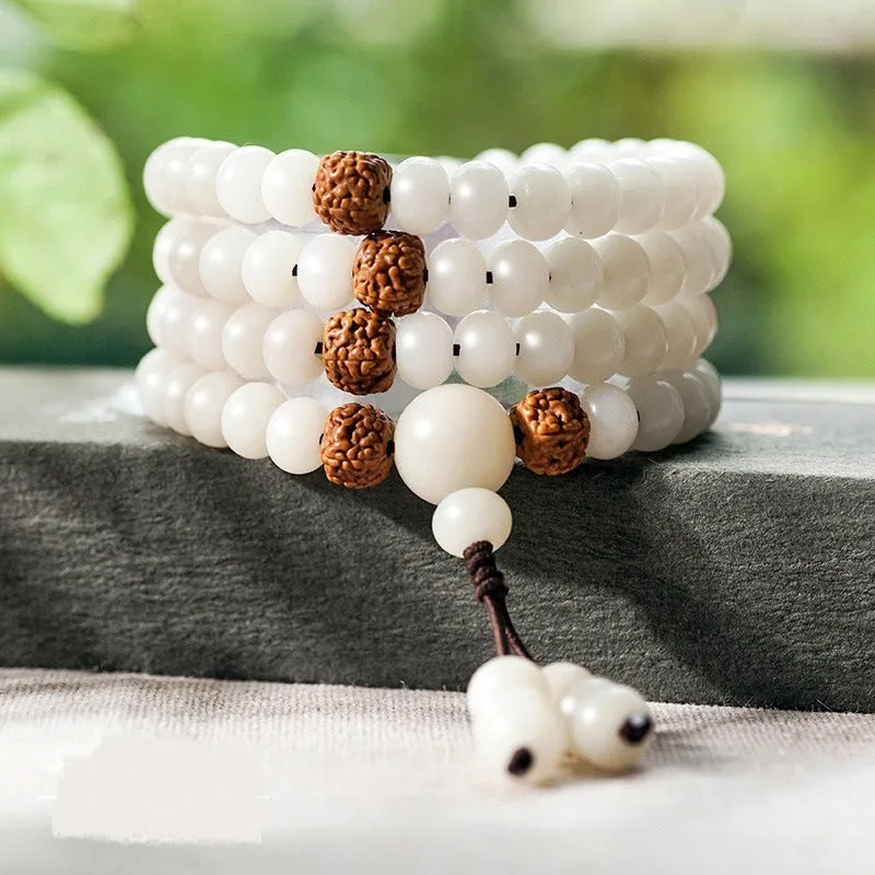 White jade bodhi bead bracelet with 6x8mm beads in traditional styles