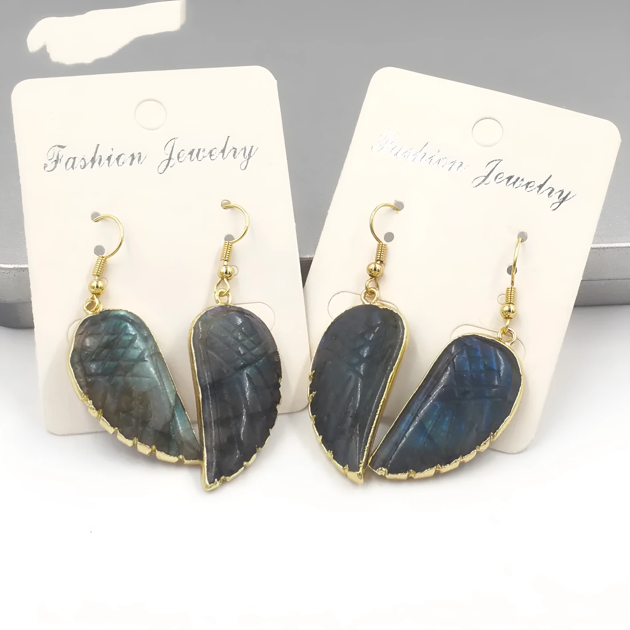 Copper drop shape earrings with fluorite and glitter mixed batch colours and double ring design