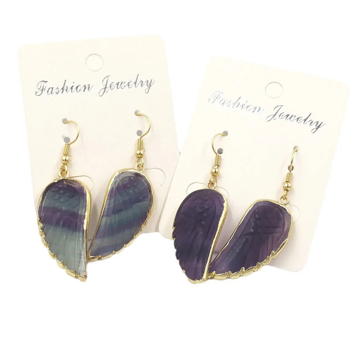 Copper drop shape earrings with fluorite and glitter mixed batch colours and double ring design