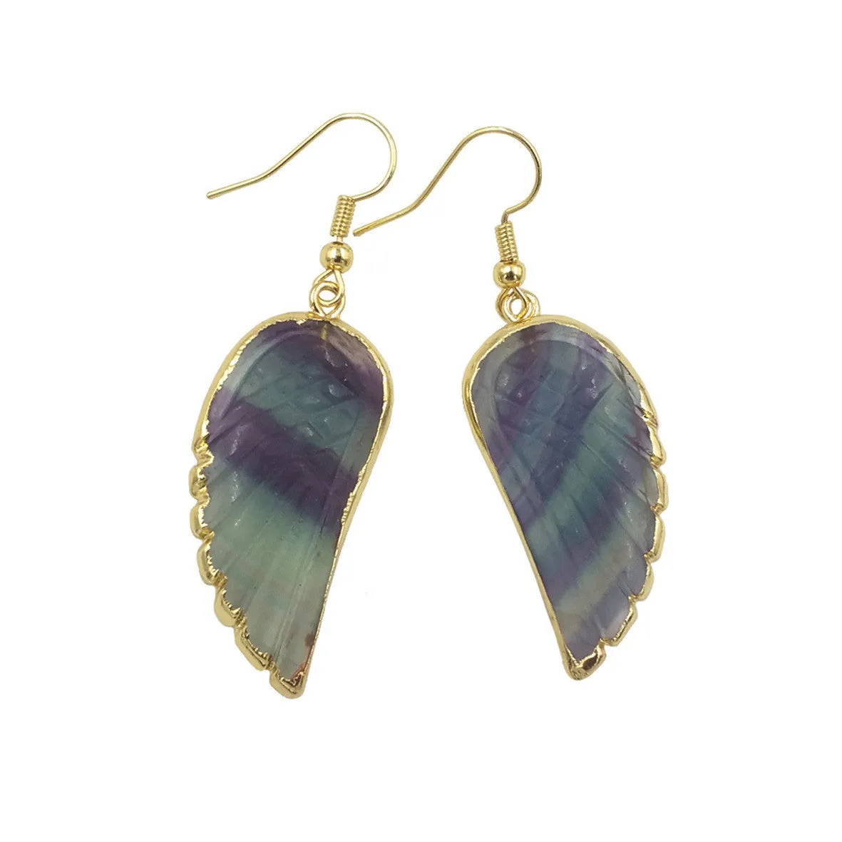 Copper drop shape earrings with fluorite and glitter mixed batch colours and double ring design