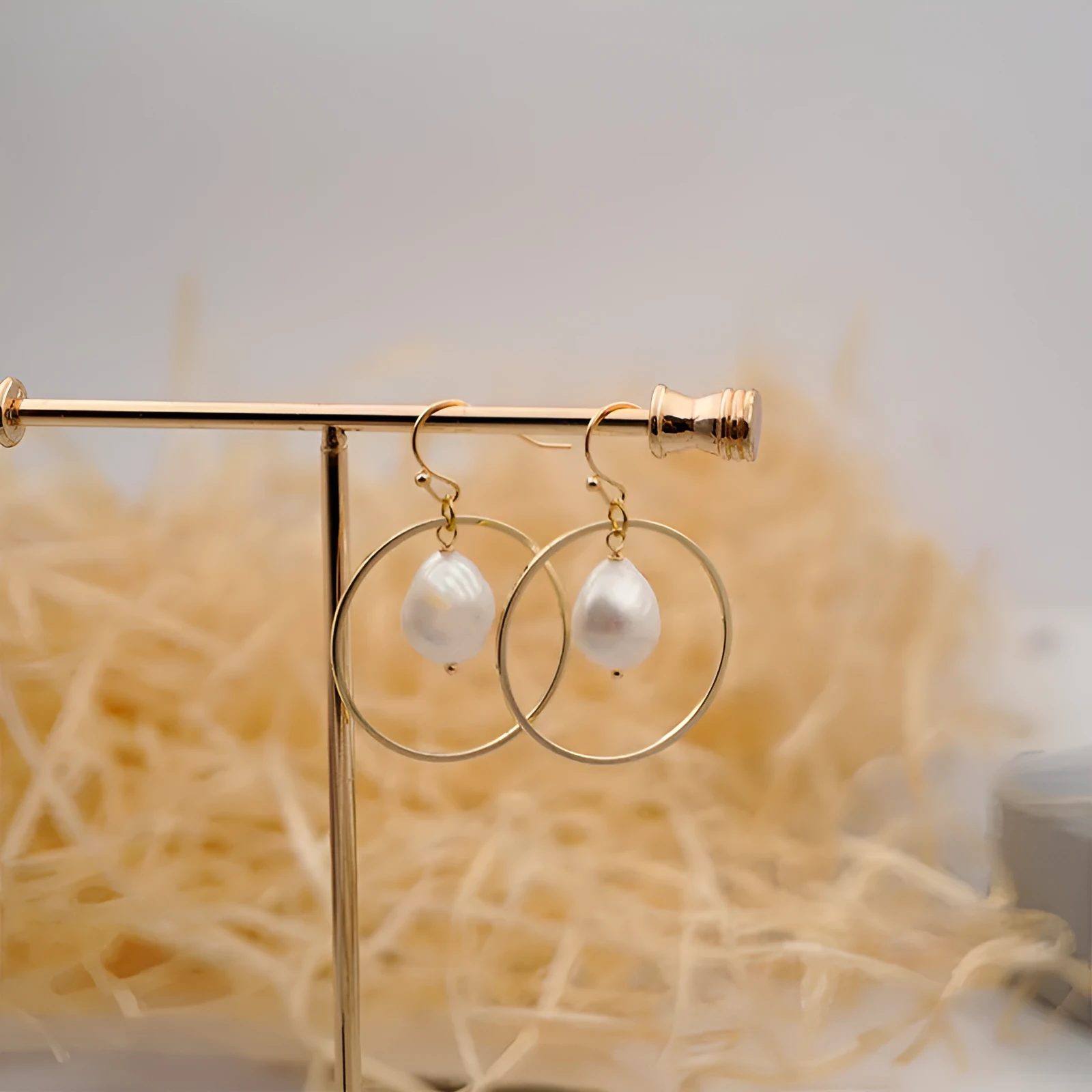 Baroque large circle shaped pearl earrings for women, simple geometric stud style, picture colour