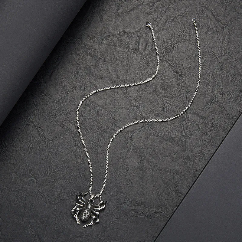 Titanium steel spider punk pendant with polished finish, unisex design, shown with optional square pearl chain