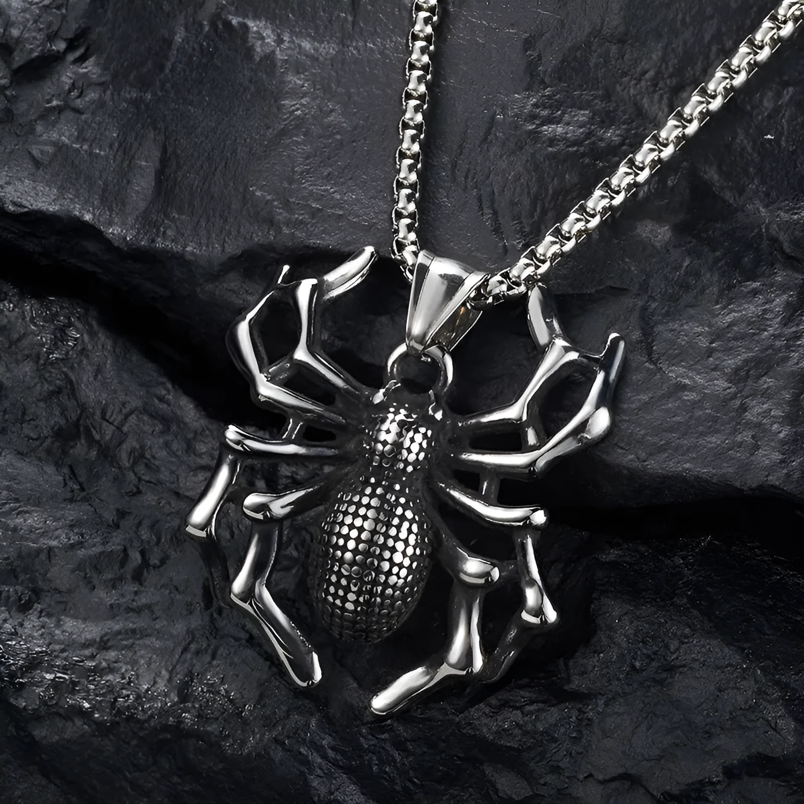 Titanium steel spider punk pendant with polished finish, unisex design, shown with optional square pearl chain