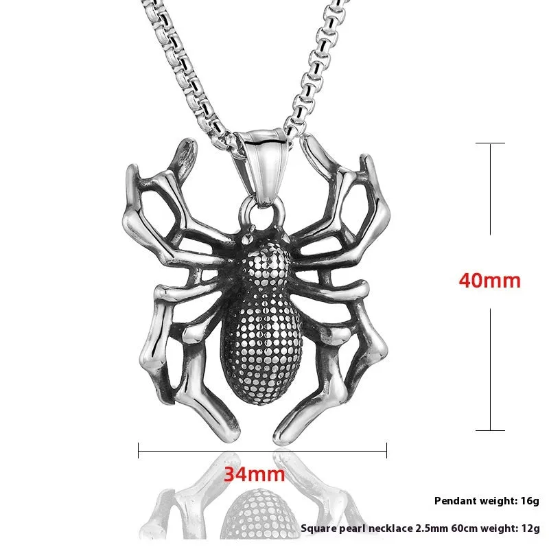 Titanium steel spider punk pendant with polished finish, unisex design, shown with optional square pearl chain