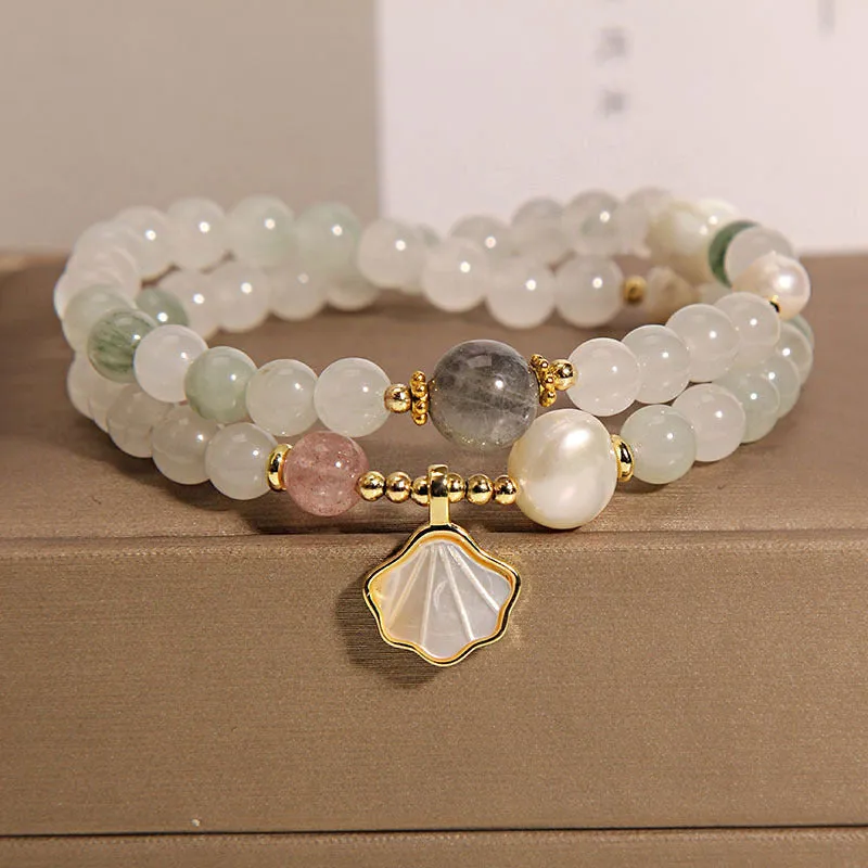 Crystal bracelet with Tianshan jade shell ginkgo leaf pendant and gold-plated gemstone settings