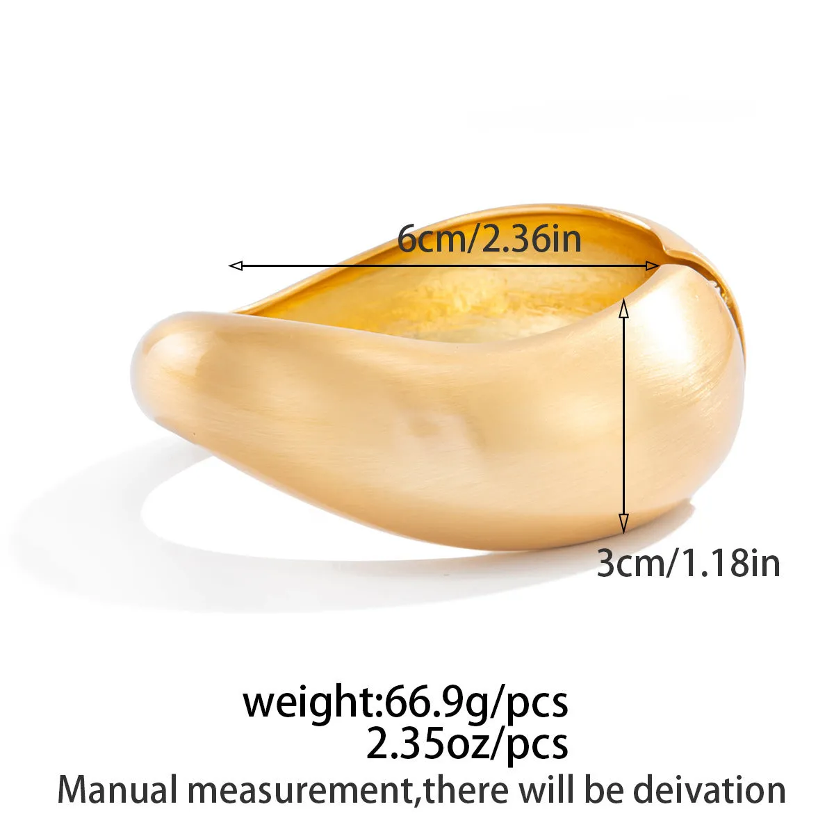 Metal alloy opening bracelet in matte or glossy finish with ellipse design element cold wind style