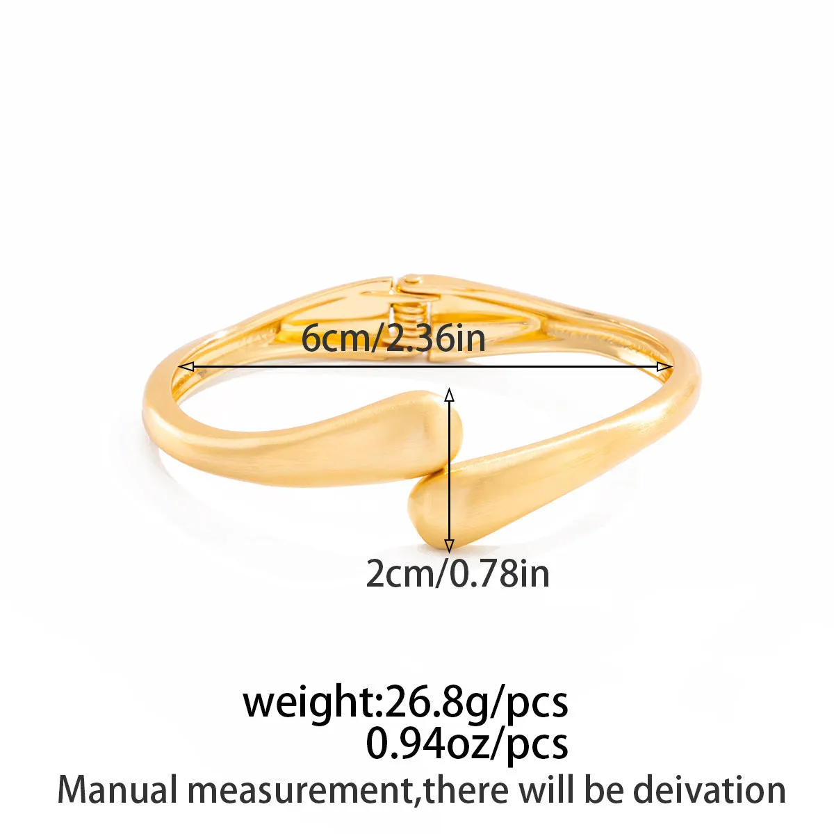 Metal alloy opening bracelet in matte or glossy finish with ellipse design element cold wind style