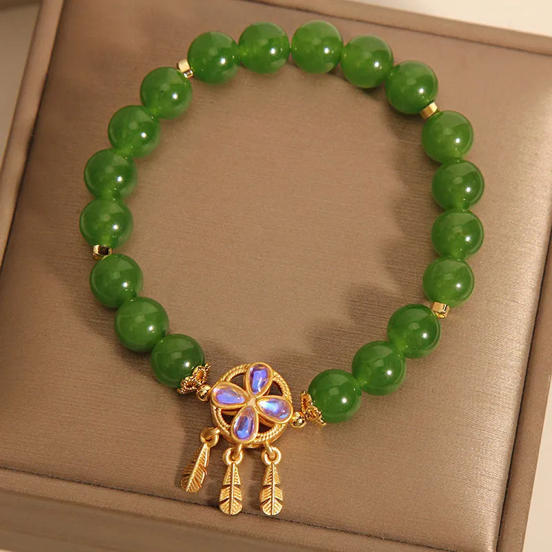 Women's green jasper crystal bracelet with four-leaf clover dream catcher pendant original design