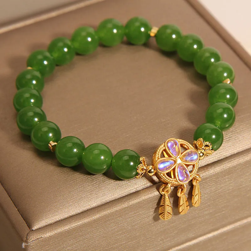 Women's green jasper crystal bracelet with four-leaf clover dream catcher pendant original design