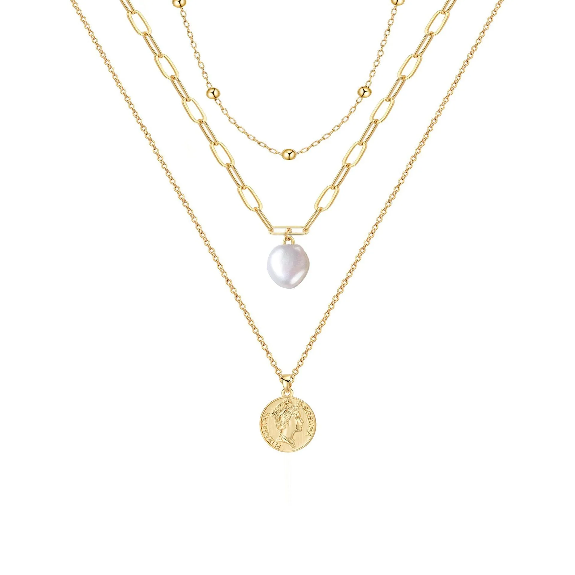 Women's multilayer geometric fashion necklace copper electroplated original design U-shaped pendant 19 colour styles adjustable chain
