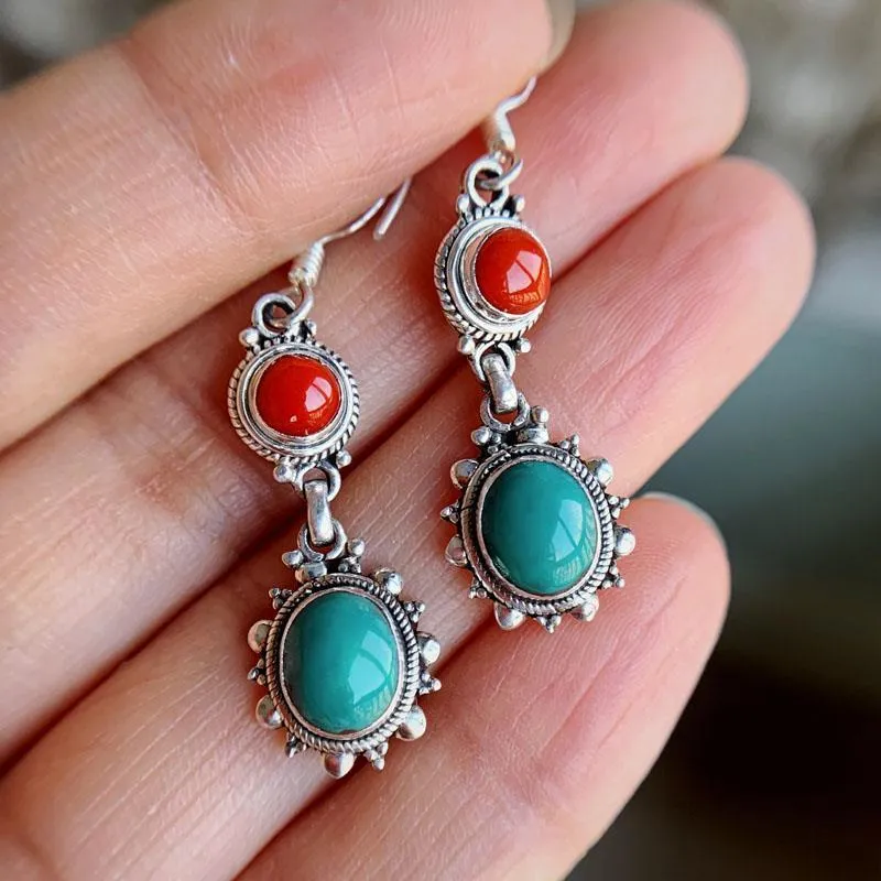 Silver plated geometric ethnic style earrings with chamfered square pattern in turquoise imitation colour