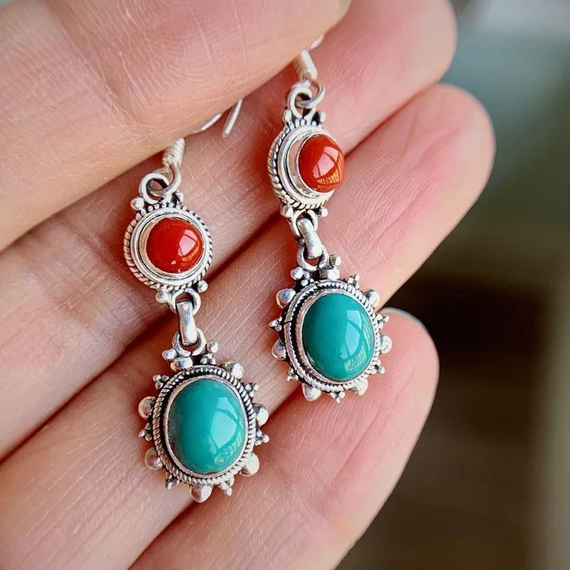 Silver plated geometric ethnic style earrings with chamfered square pattern in turquoise imitation colour
