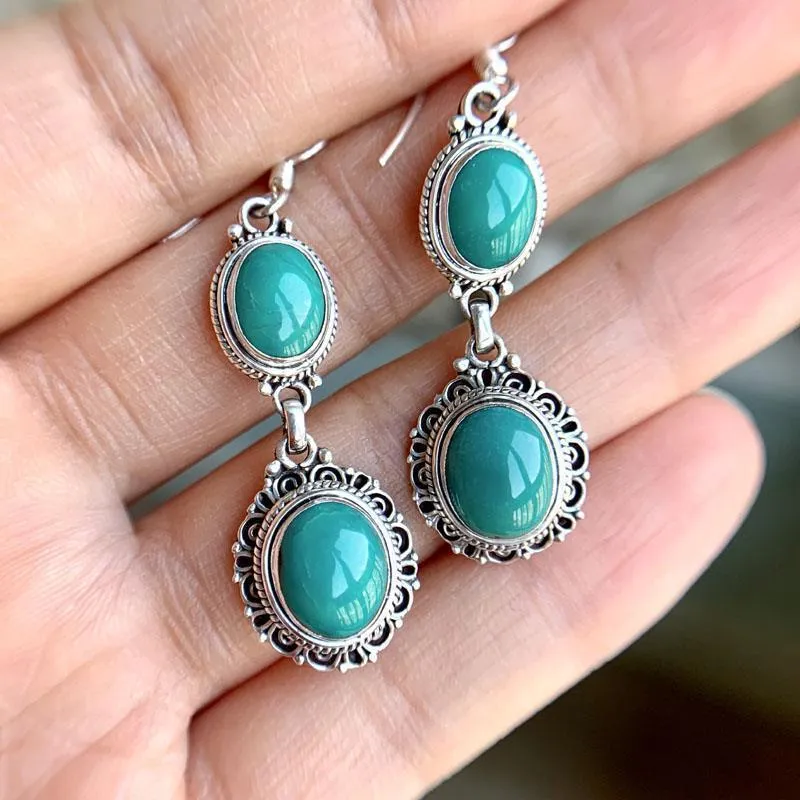 Silver plated geometric ethnic style earrings with chamfered square pattern in turquoise imitation colour