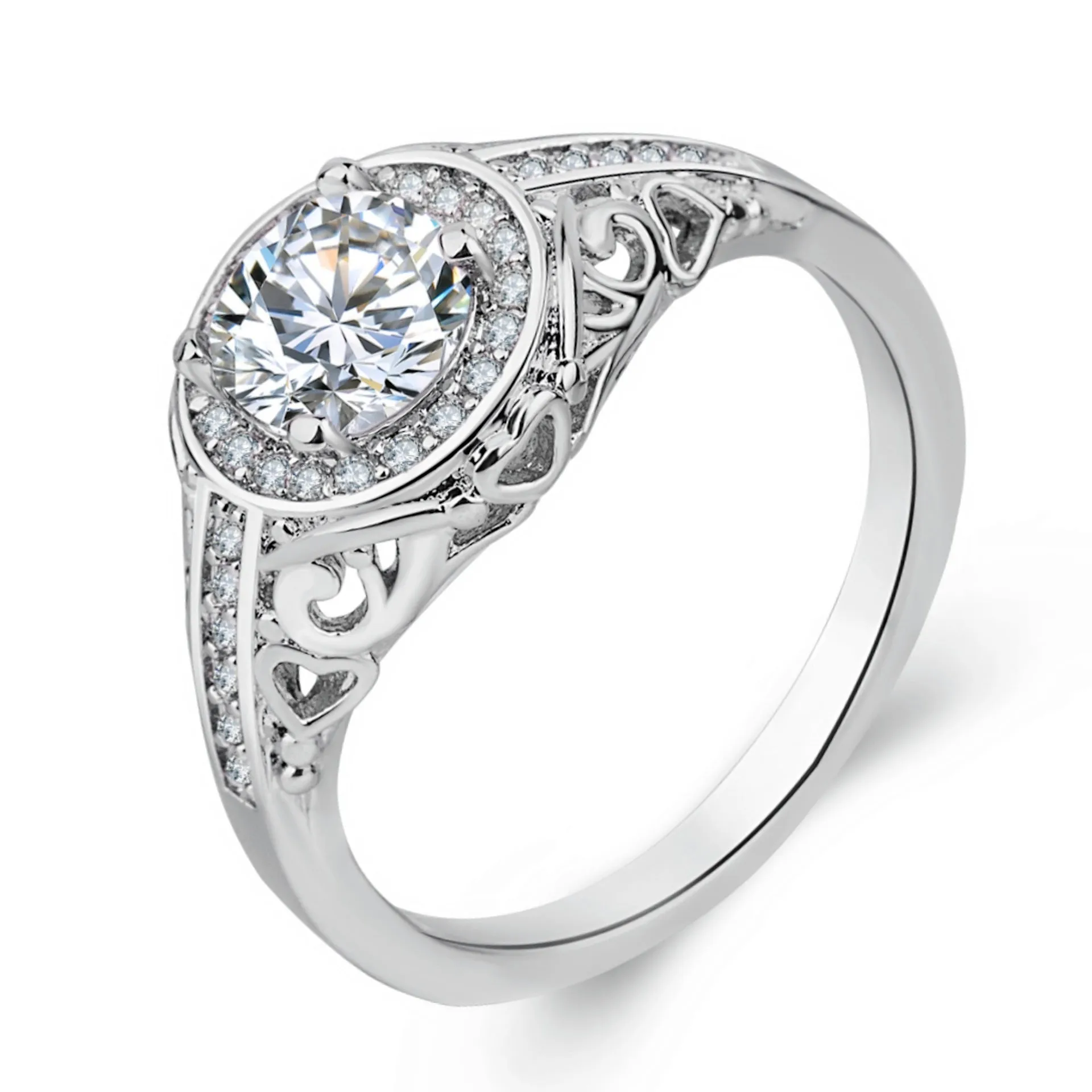 Love Texture heart-shaped zircon ring on copper base with electroplated white gold finish, US size 7