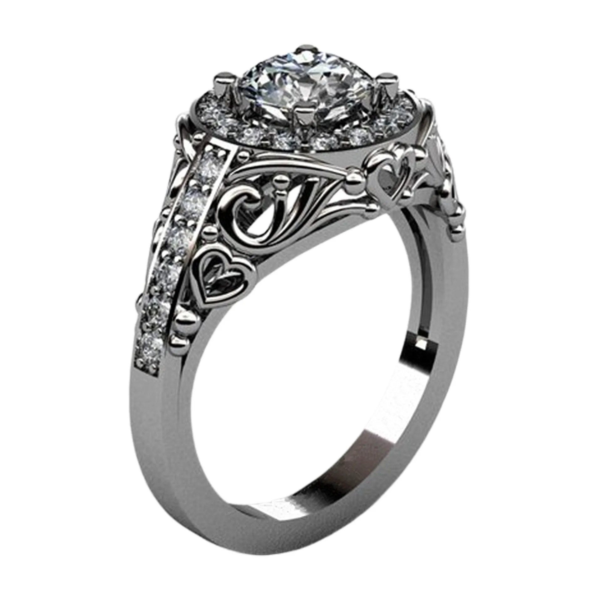 Love Texture heart-shaped zircon ring on copper base with electroplated white gold finish, US size 7