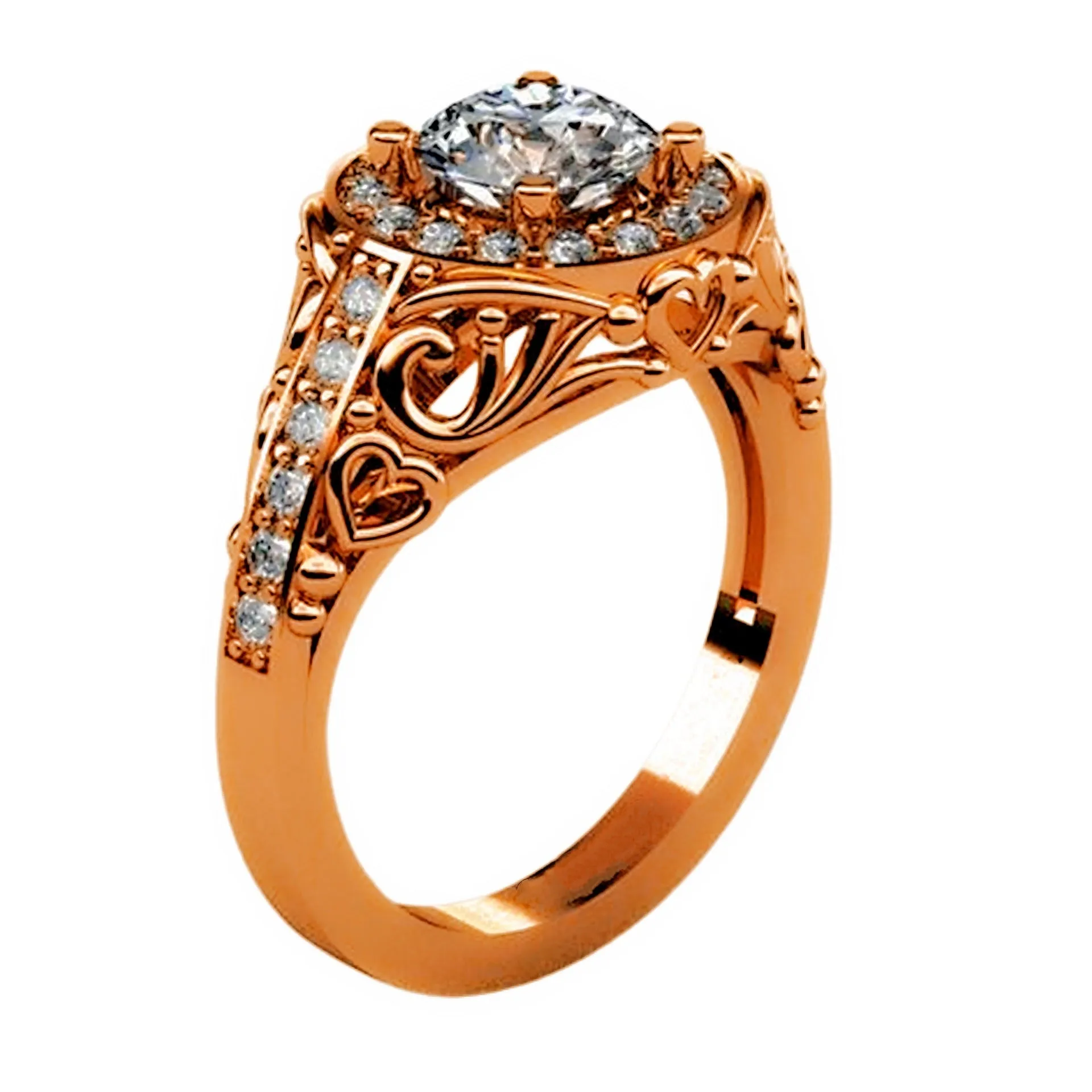 Love Texture heart-shaped zircon ring on copper base with electroplated white gold finish, US size 7