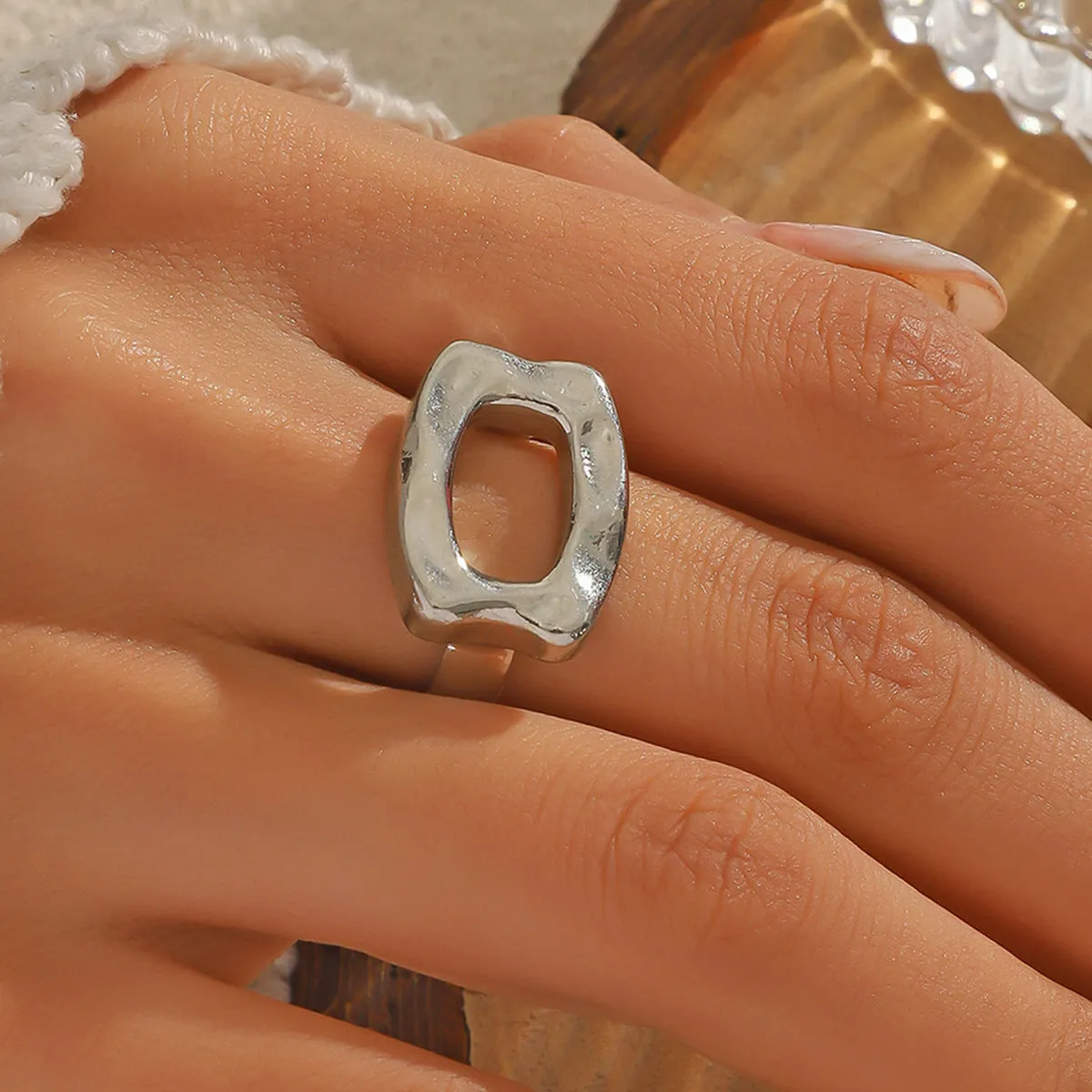 Exaggerated metal texture glossy round geometric alloy ring in KC Gold for women