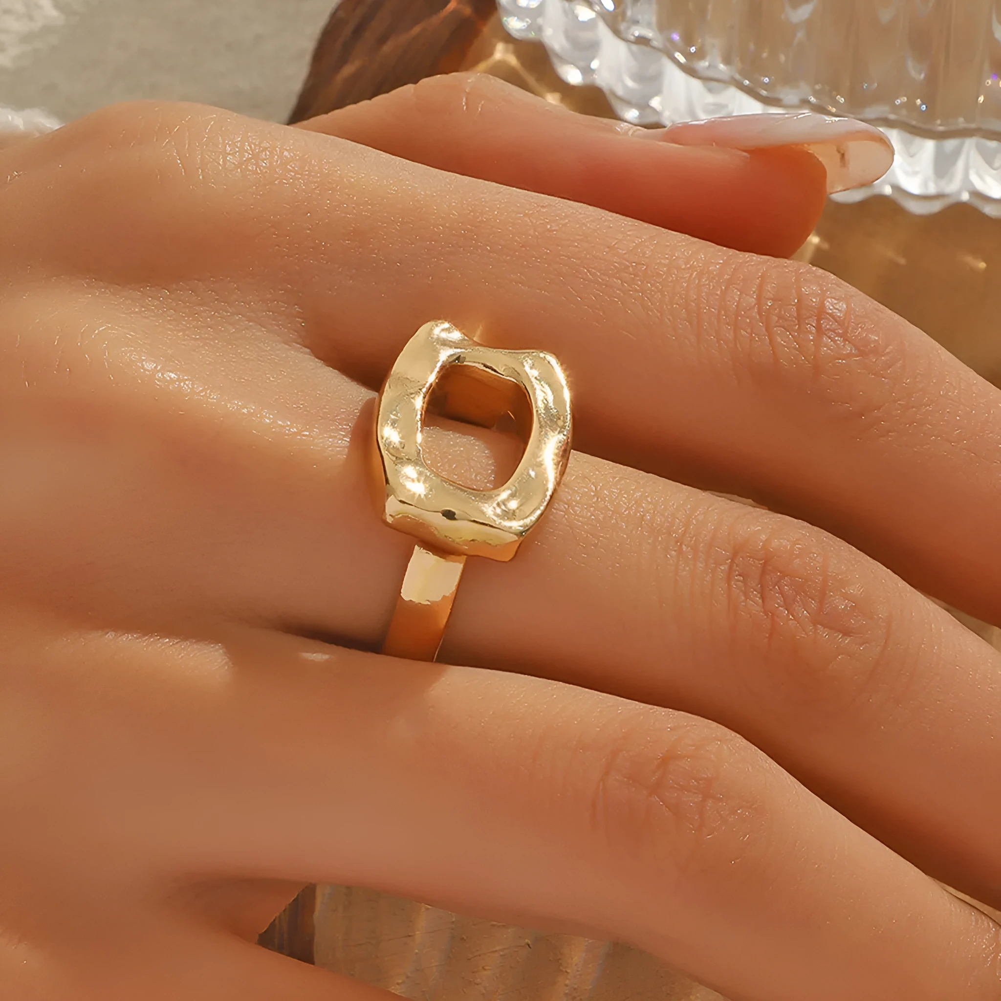 Exaggerated metal texture glossy round geometric alloy ring in KC Gold for women