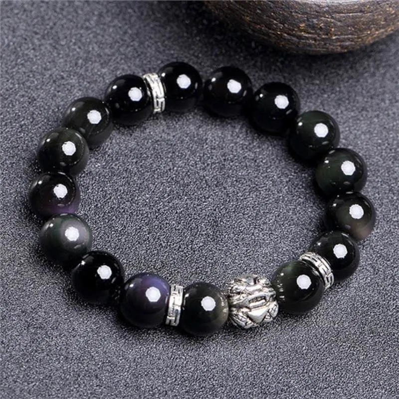 Natural obsidian bracelet with lucky colour eye patterns and 999 silver fastenings in 10MM and 12MM sizing options