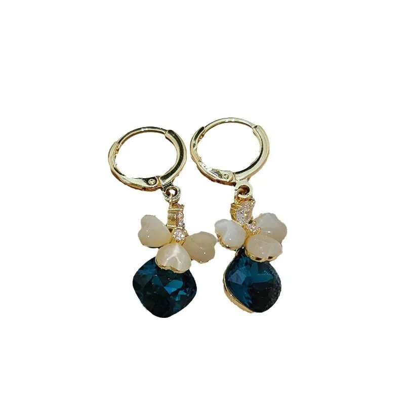 Electroplated blue crystal earrings with bow shape on alloy base