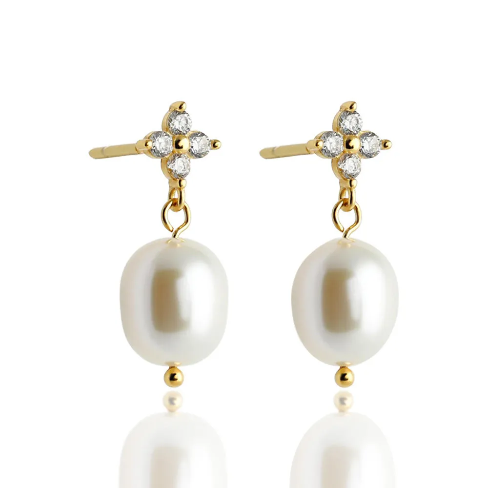 S925 sterling silver four-leaf zircon ear studs with pearl inlay, gold finish