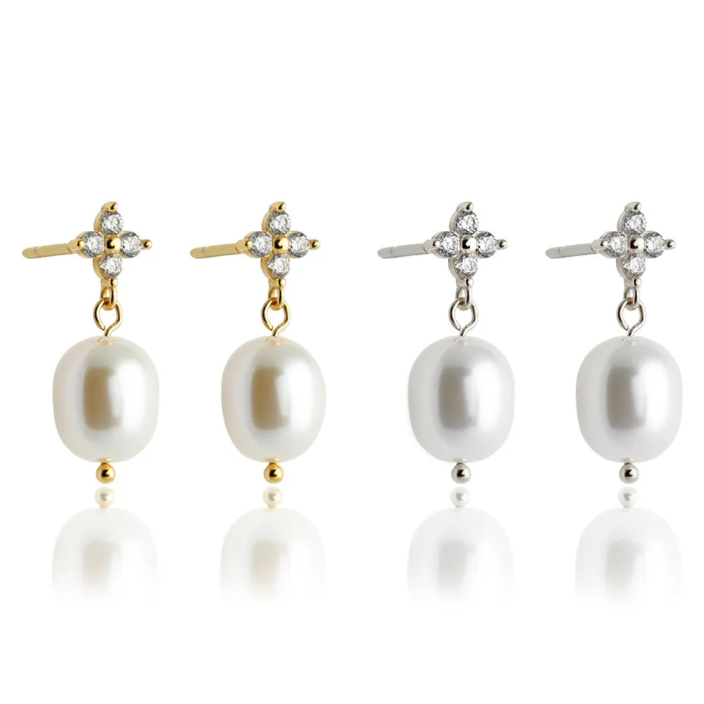 S925 sterling silver four-leaf zircon ear studs with pearl inlay, gold finish