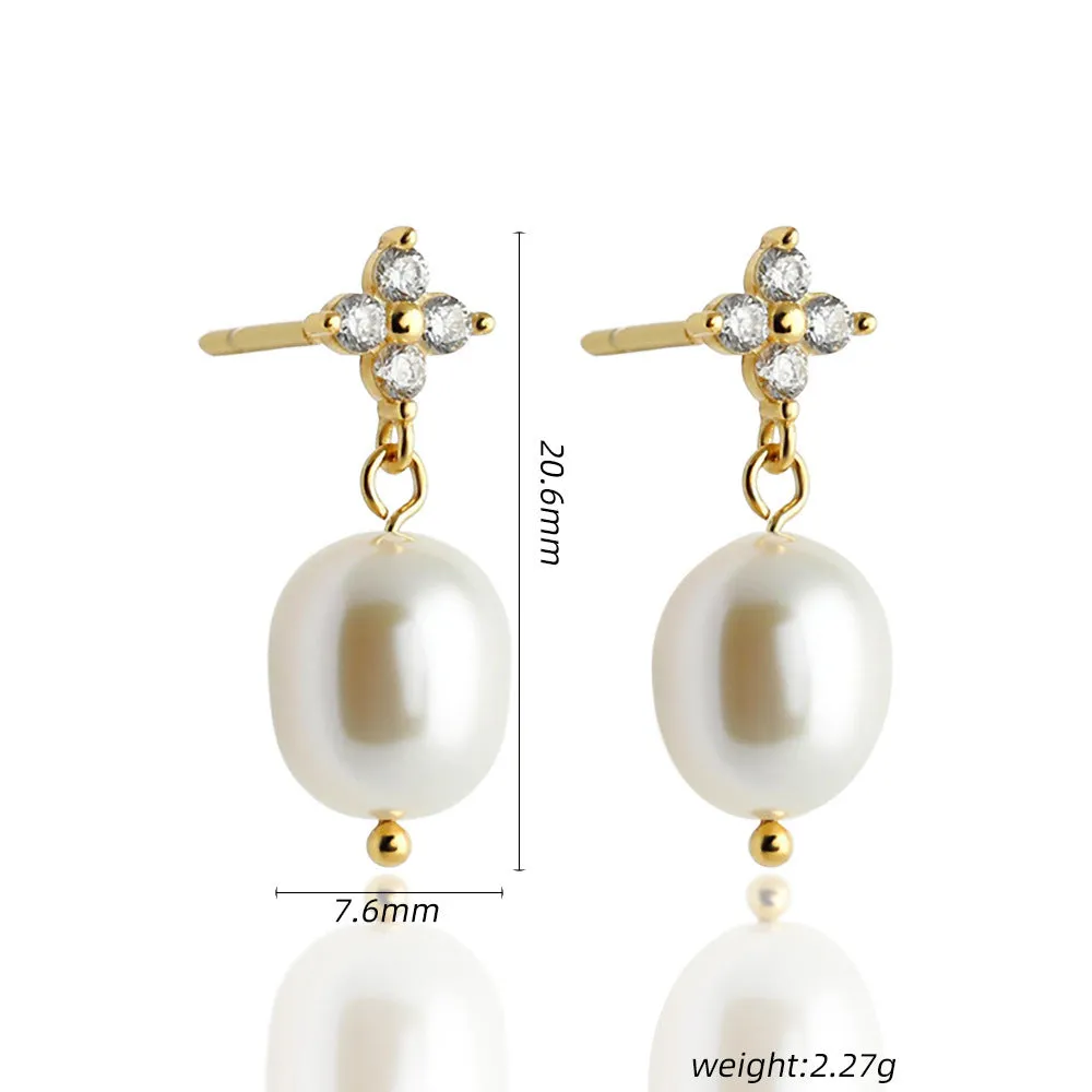 S925 sterling silver four-leaf zircon ear studs with pearl inlay, gold finish