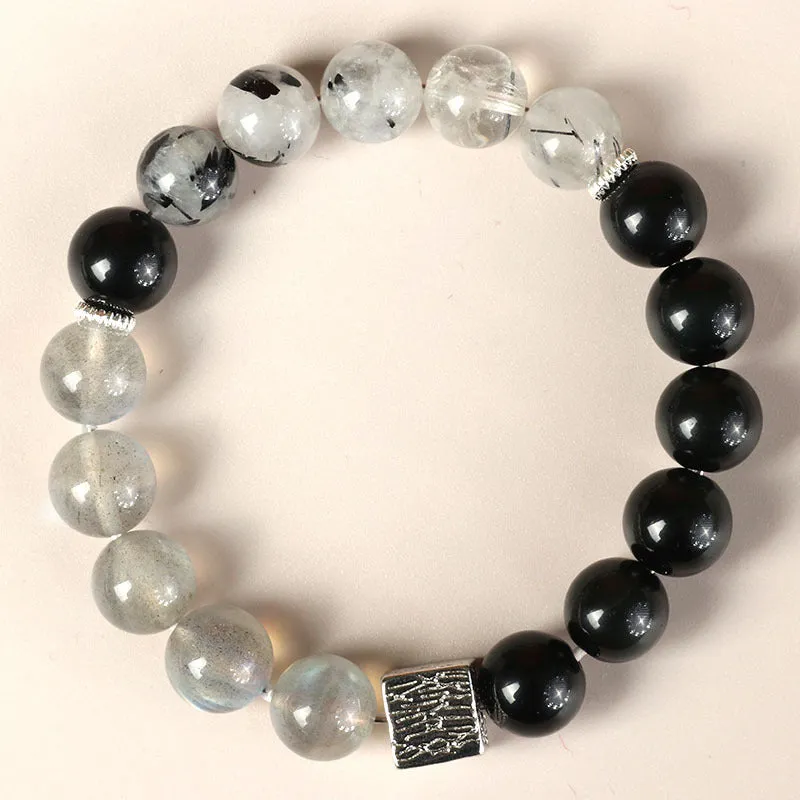 Khaki crystal couple bracelet with 10mm geometric beads in Chinese style for men and women