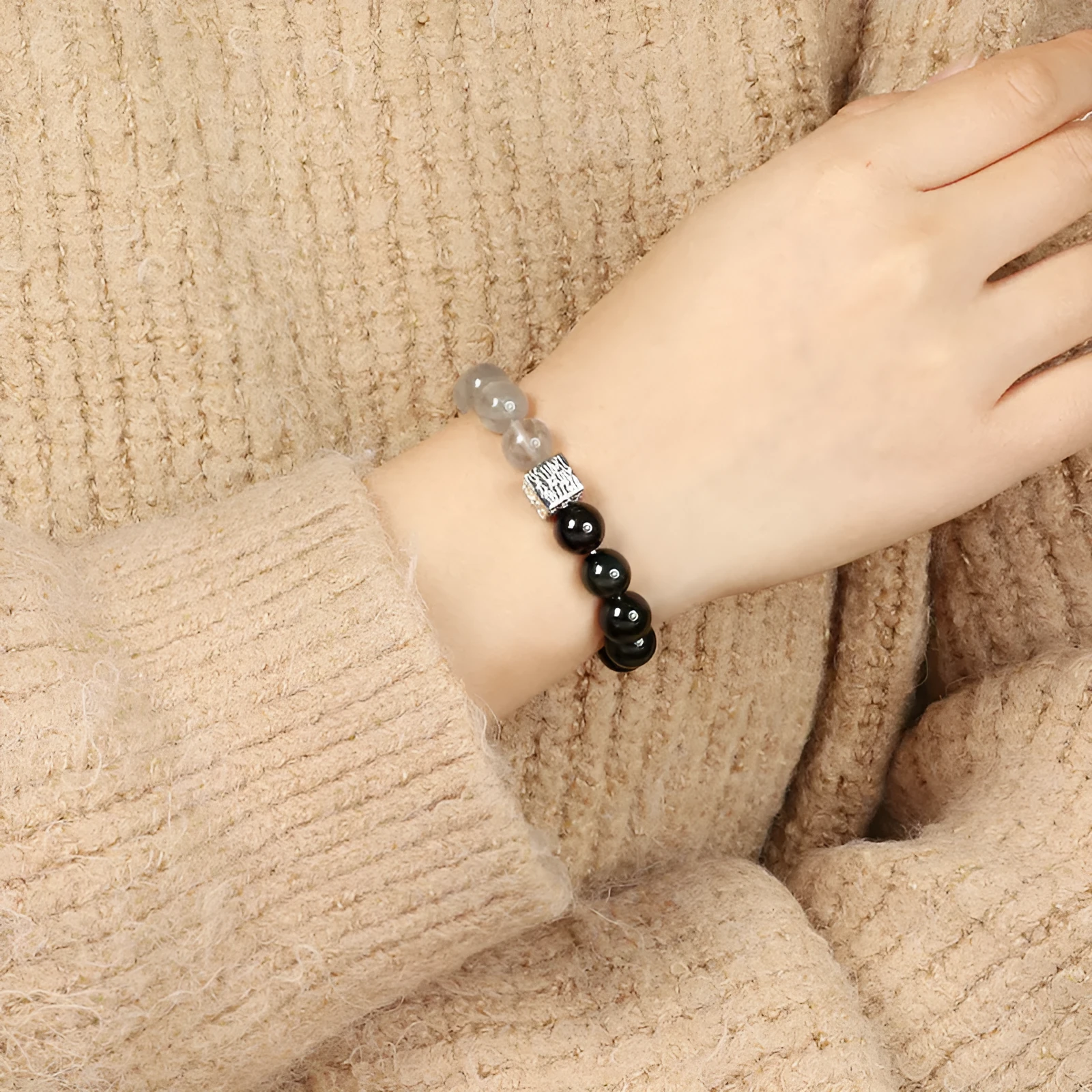 Khaki crystal couple bracelet with 10mm geometric beads in Chinese style for men and women