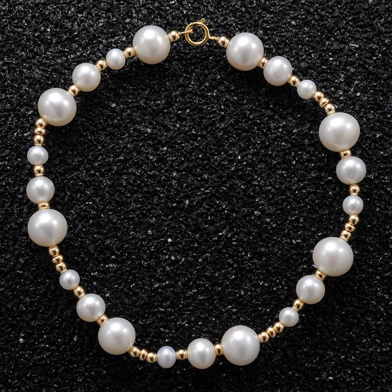 14K gold-plated natural pearl shell separated bead patchwork bracelet necklace unisex hip-hop style on display