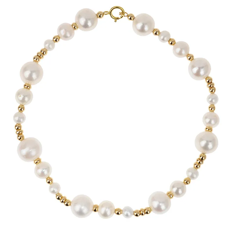 14K gold-plated natural pearl shell separated bead patchwork bracelet necklace unisex hip-hop style on display