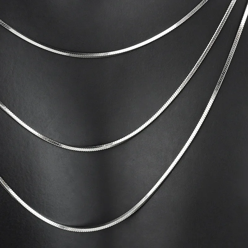 S925 sterling silver plated platinum necklace with fine snake bone chain, unisex 1.5mm width, silver colour