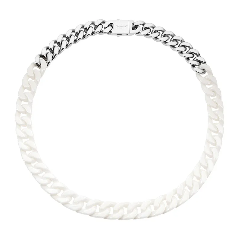 Classic patchwork ceramic chain necklace in black and white with titanium steel options, 13mm width, 45cm length