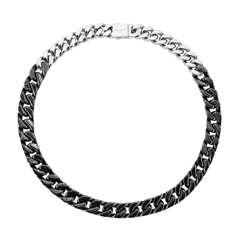 Classic patchwork ceramic chain necklace in black and white with titanium steel options, 13mm width, 45cm length