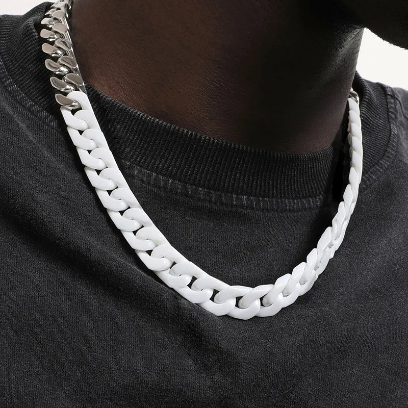 Classic patchwork ceramic chain necklace in black and white with titanium steel options, 13mm width, 45cm length