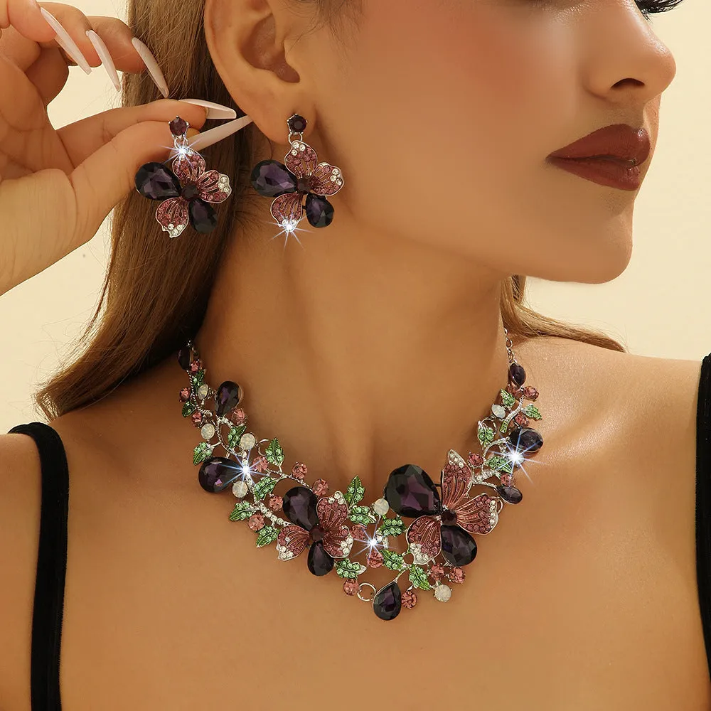 Alloy flower necklace and earrings suite set with electroplated finish in green, purple, and Rose Red colour options