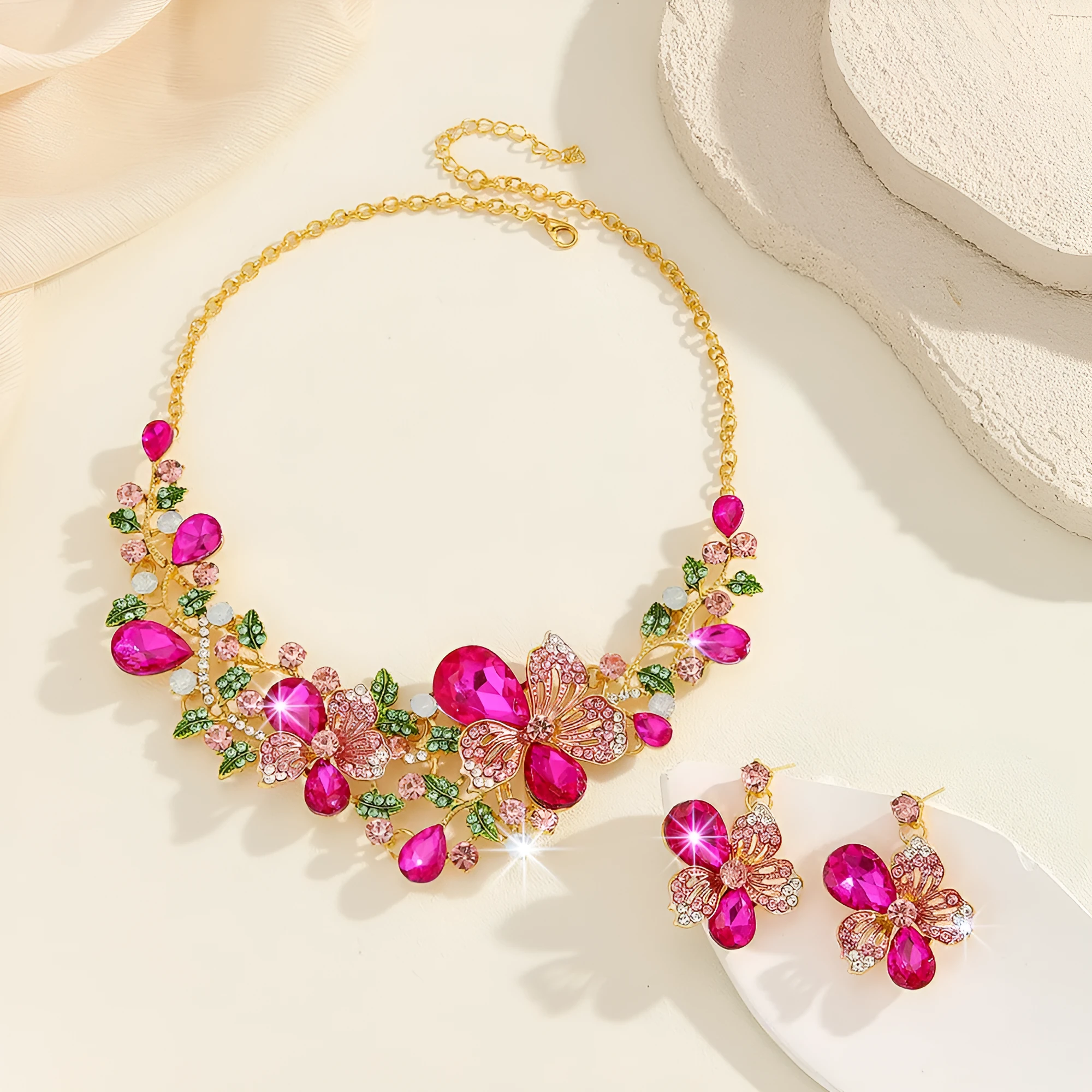 Alloy flower necklace and earrings suite set with electroplated finish in green, purple, and Rose Red colour options
