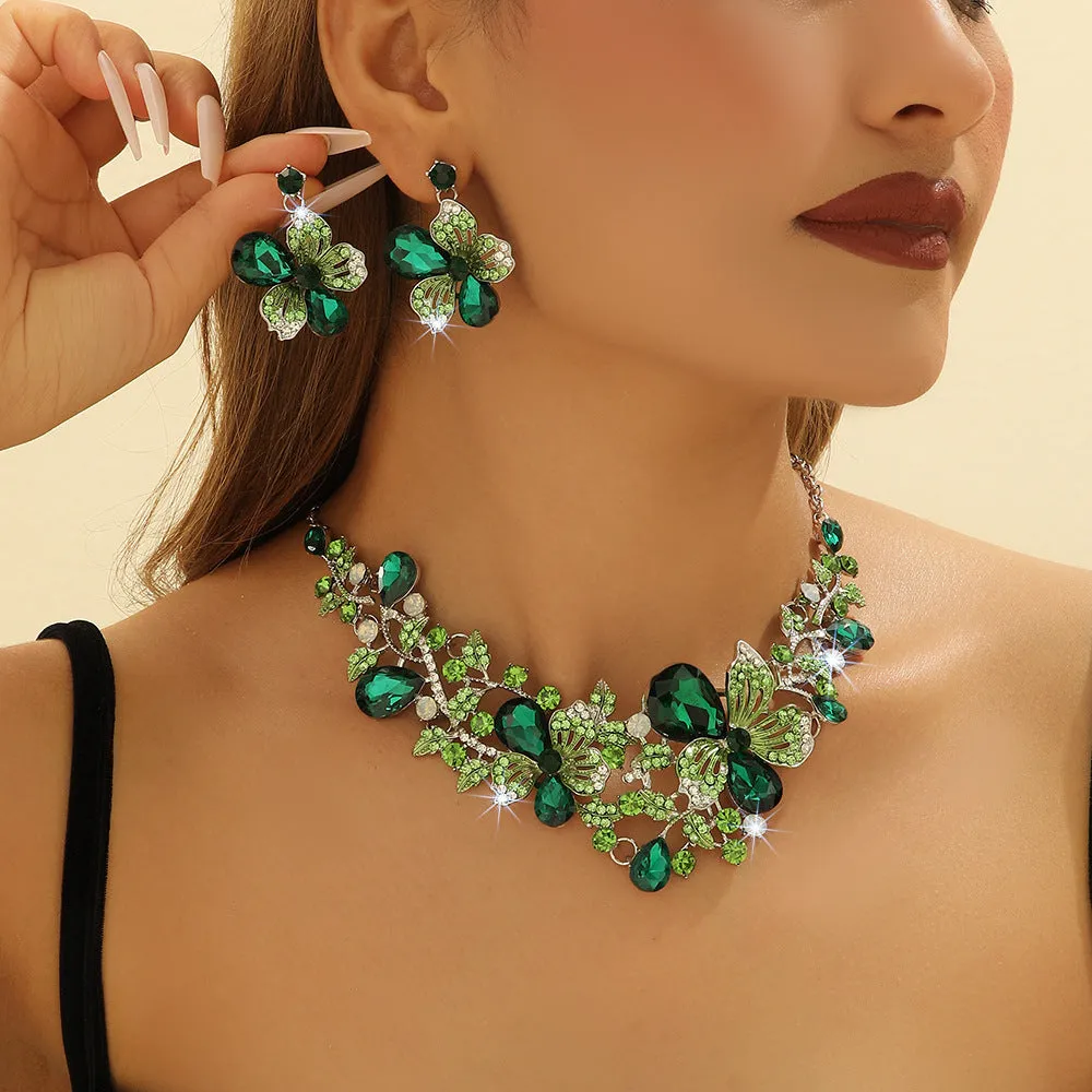 Alloy flower necklace and earrings suite set with electroplated finish in green, purple, and Rose Red colour options