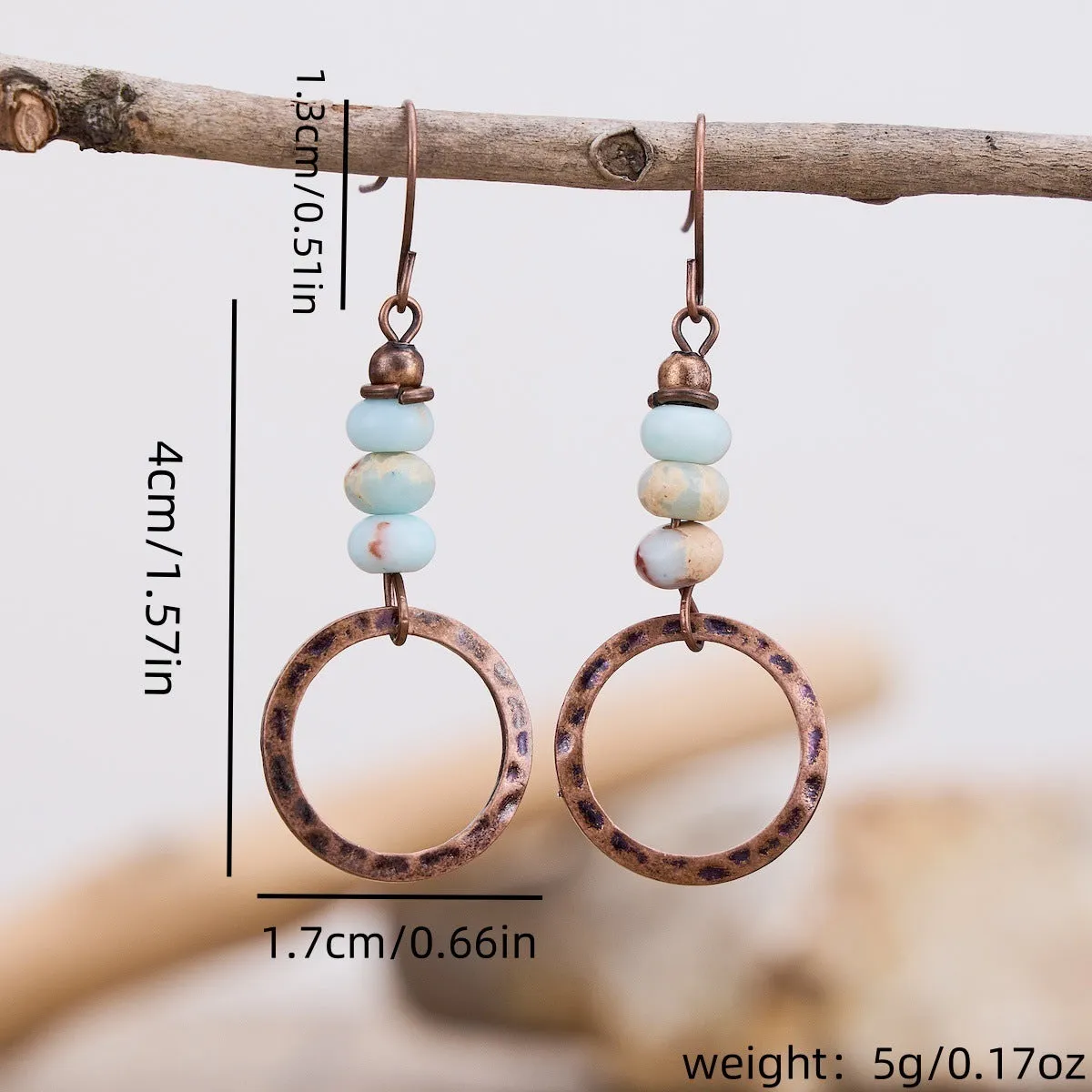 Women's hammered turquoise beaded pendant earrings in creative retro style with zinc alloy construction
