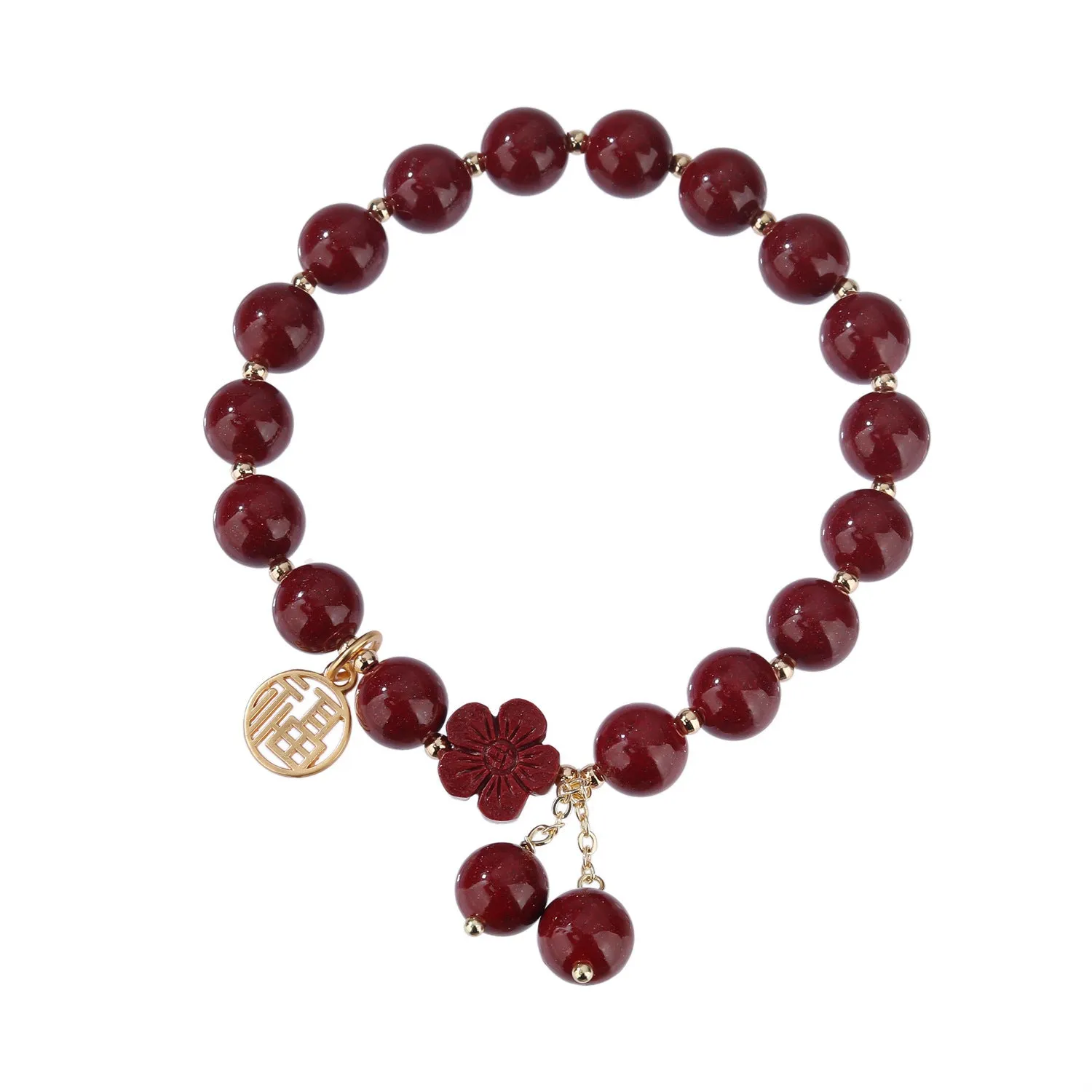 Women's cinnabar bracelet with Fu character charm and peach blossom tassels in purple gold sand colour