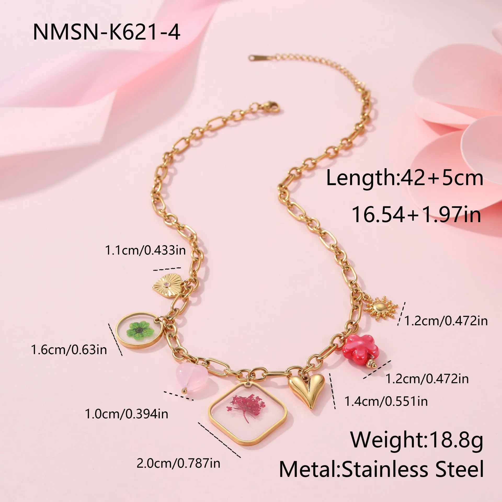 Women's stainless steel 18K gold plated epoxy flower pendant necklace with geometric shape and regular chain