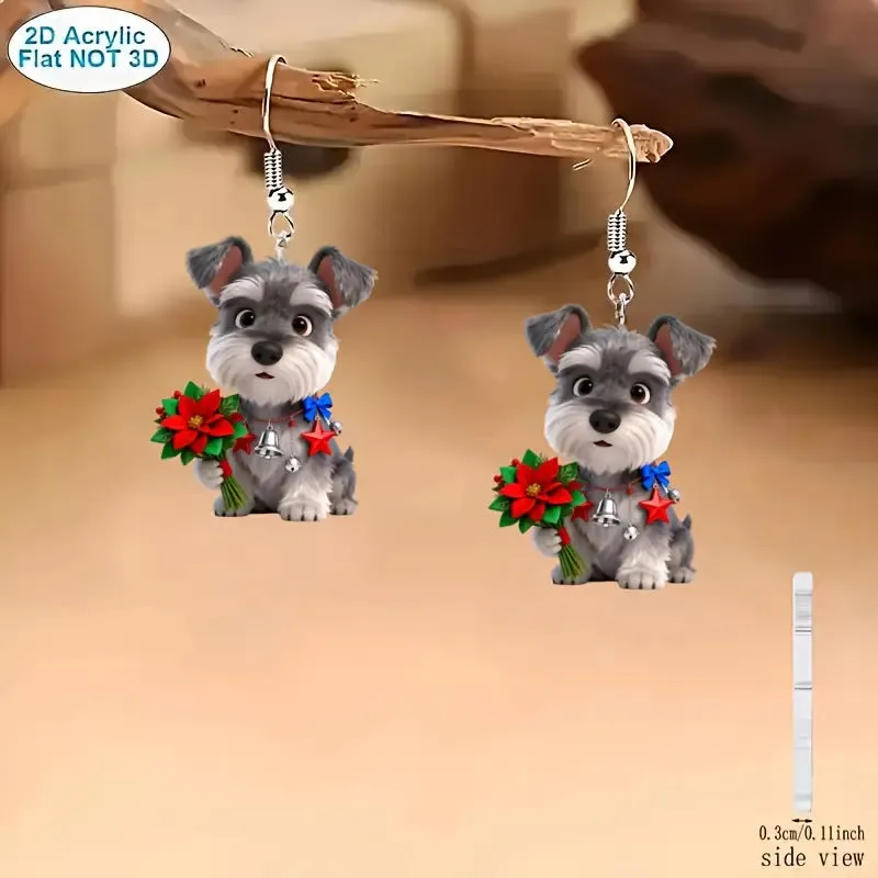 Pair of flat cartoon Schnauzer dog earrings made of acrylic in a Christmas style on white background