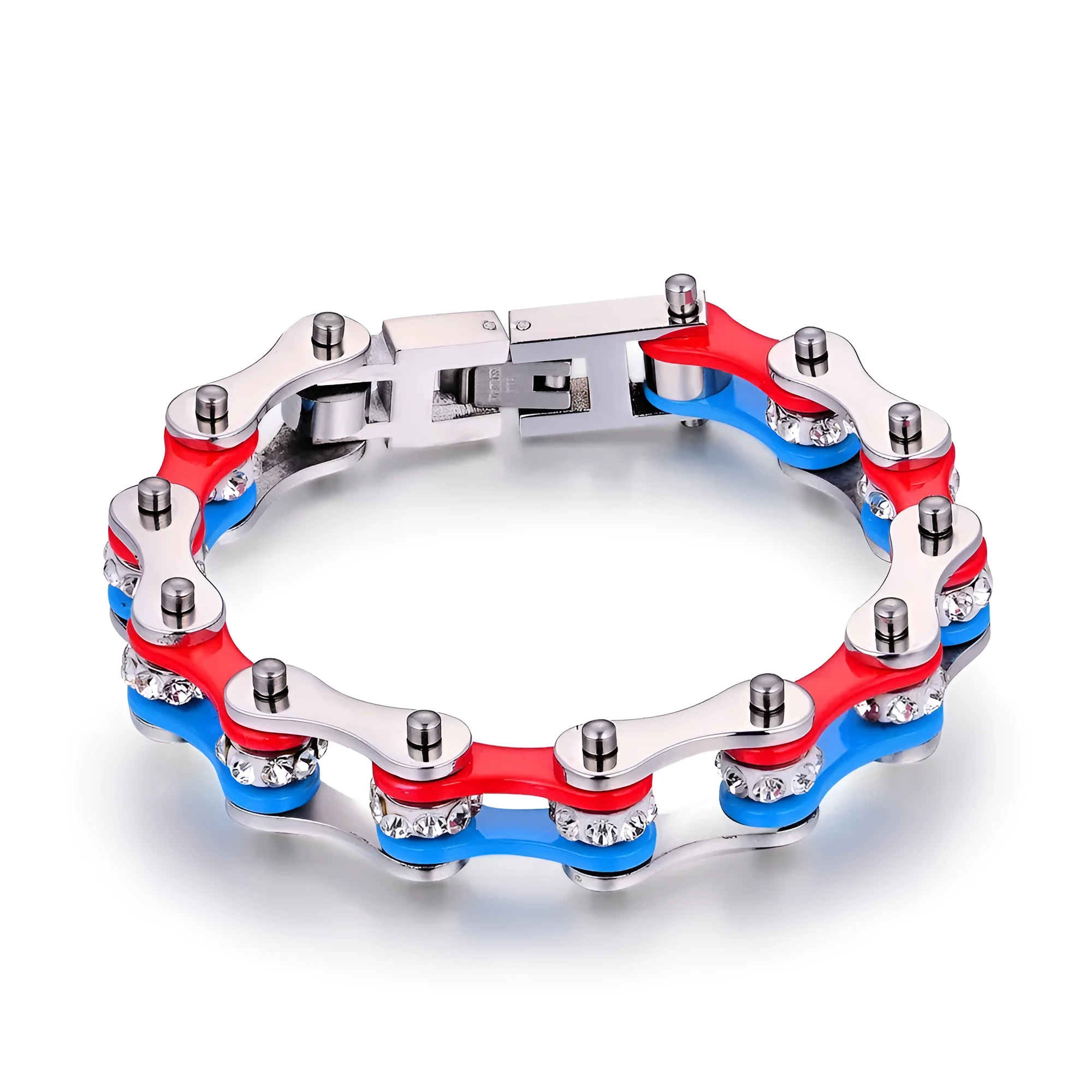 Zircon bicycle bracelet stainless steel electroplated geometric cold wind style unisex red and blue colour